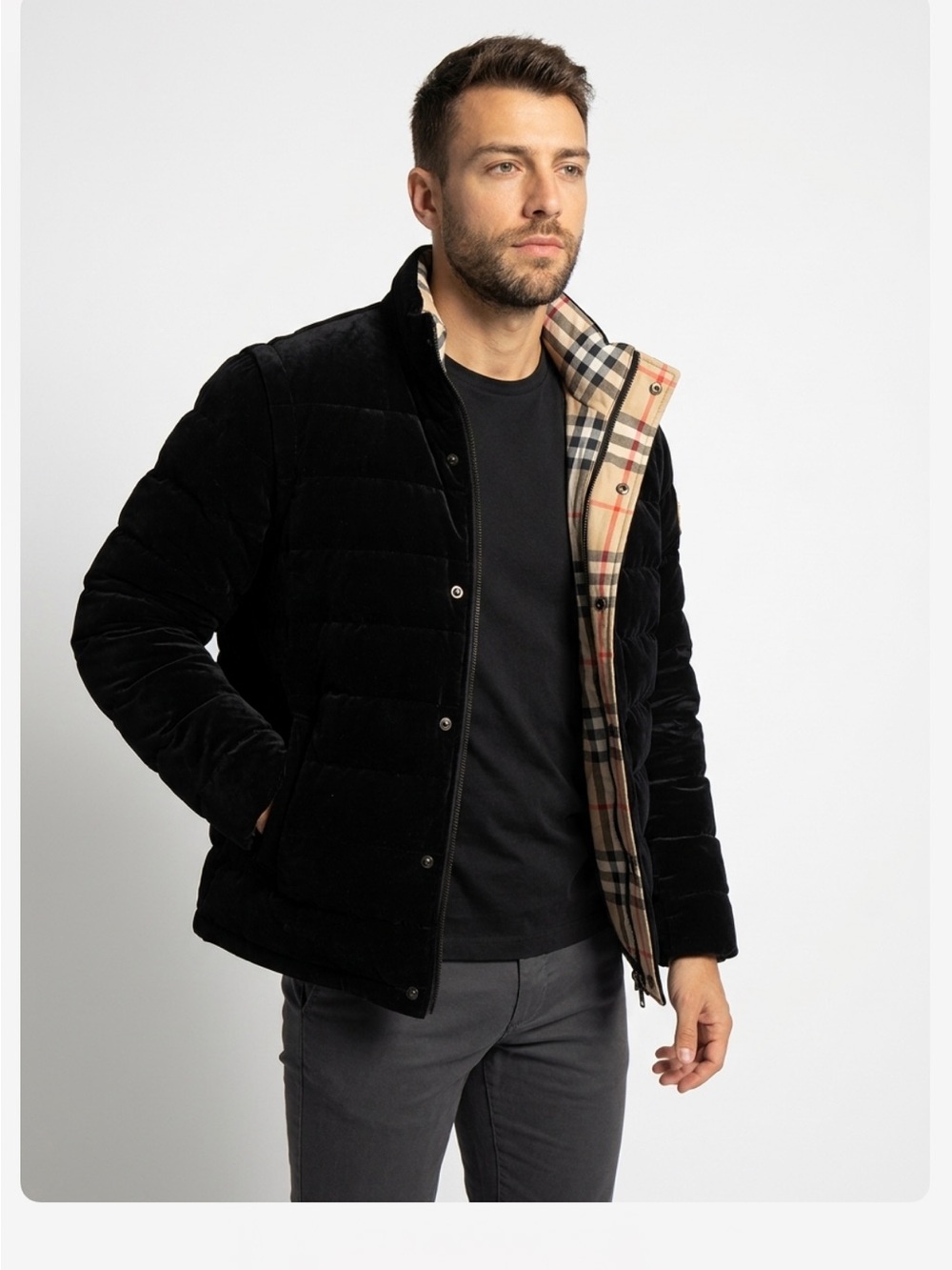 Burberry Black Velvet Quilted Puffer Jacket with Signature Check Trim NW/O tags